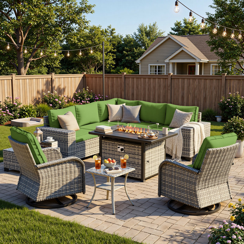 10-Piece Outdoor Patio Sectional Conversation Set With Fire Pit Table And Swivel Rocker Chairs, Lime Green