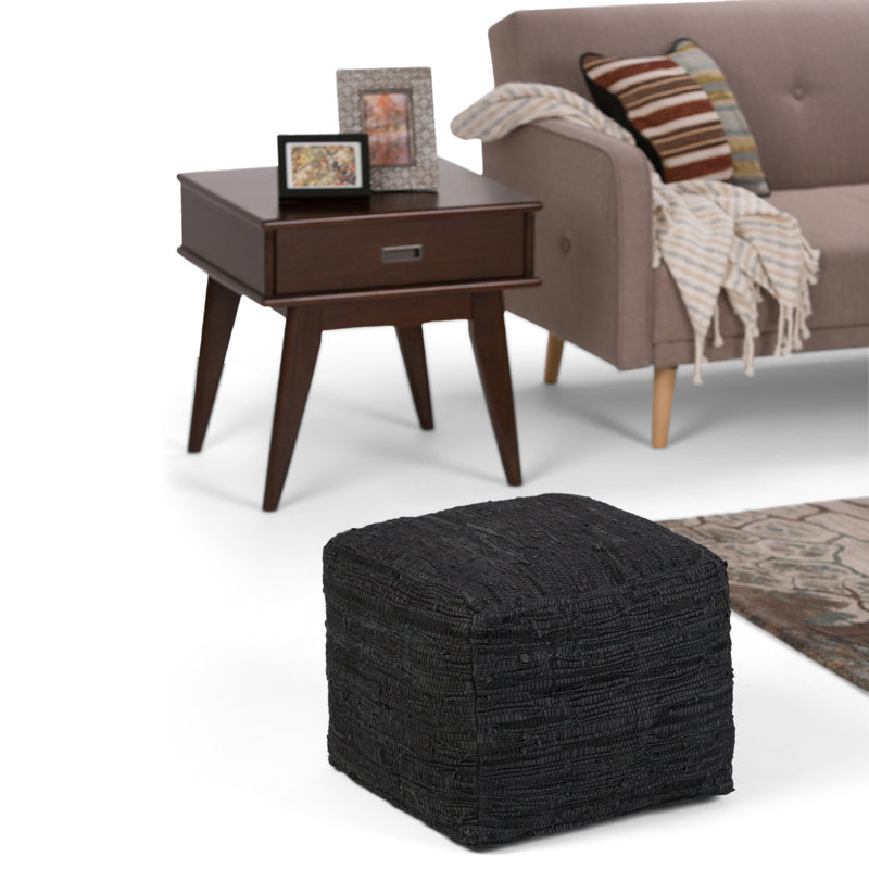 Fredrik 18"W Genuine Buffalo Leather Square Pouf, Black Genuine Leather