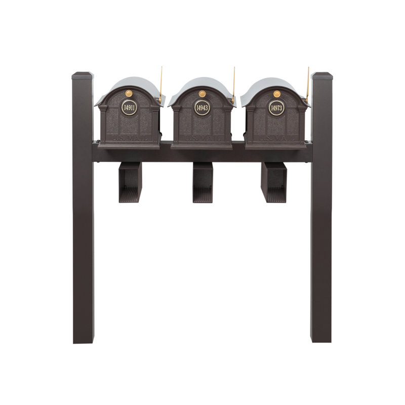 Balmoral Triple Mount Mailbox /w/ Pyramid Caps, Personalized Door Medallion, Newspaper Box (3 Mailboxes, Tri-Mount Rack, 3 Newspaper Boxes, 3 Medallions)