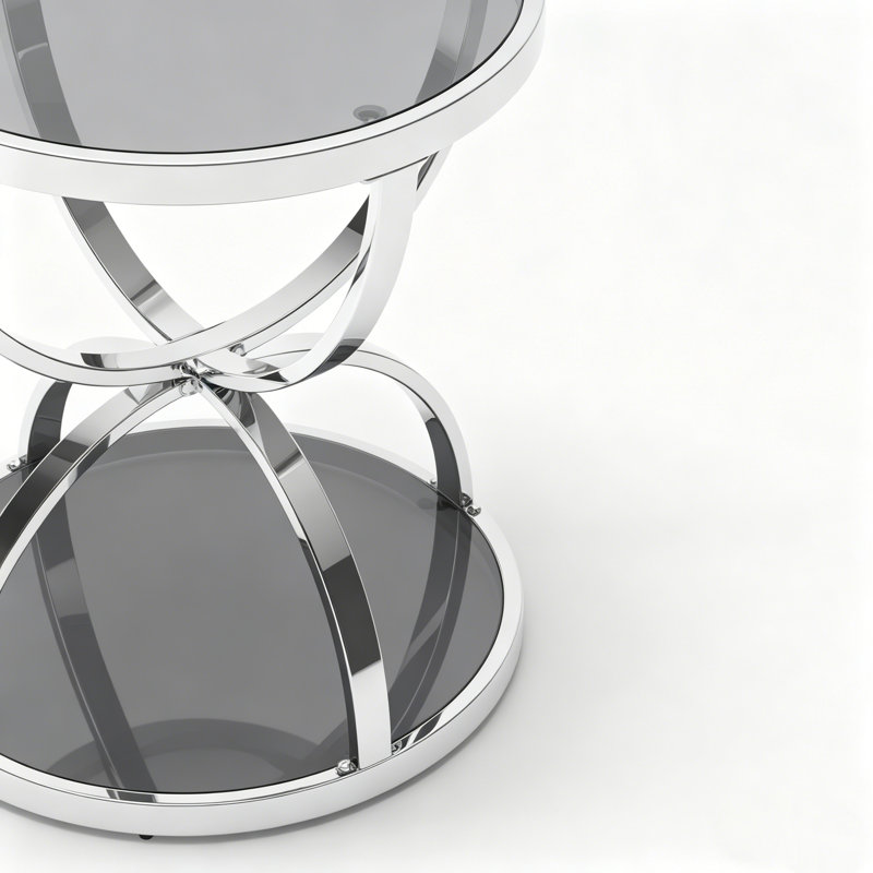 Table d'appoint moderne en verre à structure en anneau à 2 niveaux pour salon, chambre à coucher et bureau, Gris, Argent