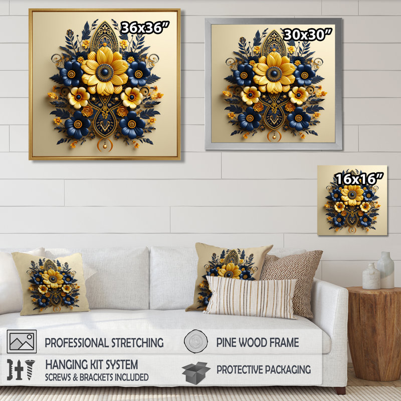 «Yellow & Blue Flowers Persian Geometric Emblem - Botanicals», art mural, Toile avec cadre flottant brun