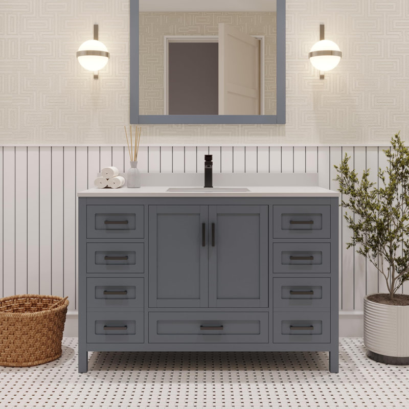 Ensemble de meuble-lavabo simple 48 po avec plateau en quartz blanc Rooh, Gris, Noir mat