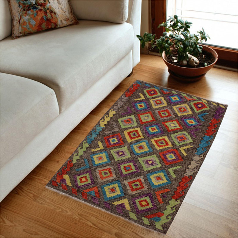 Tapis brun foncé / jaune / vert en laine à motif géométrique fait à la main 3 pi 5 po x 4 pi 11 po Madee