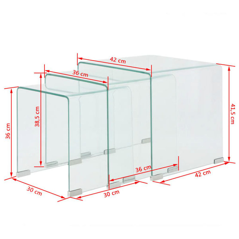 vidaXL Nesting Table Set Set of 3 Clear Tempered safety glass Small