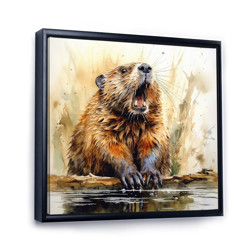 " Cute Beaver II ", 16" H x 16" W x 1" D, Black Floater Framed