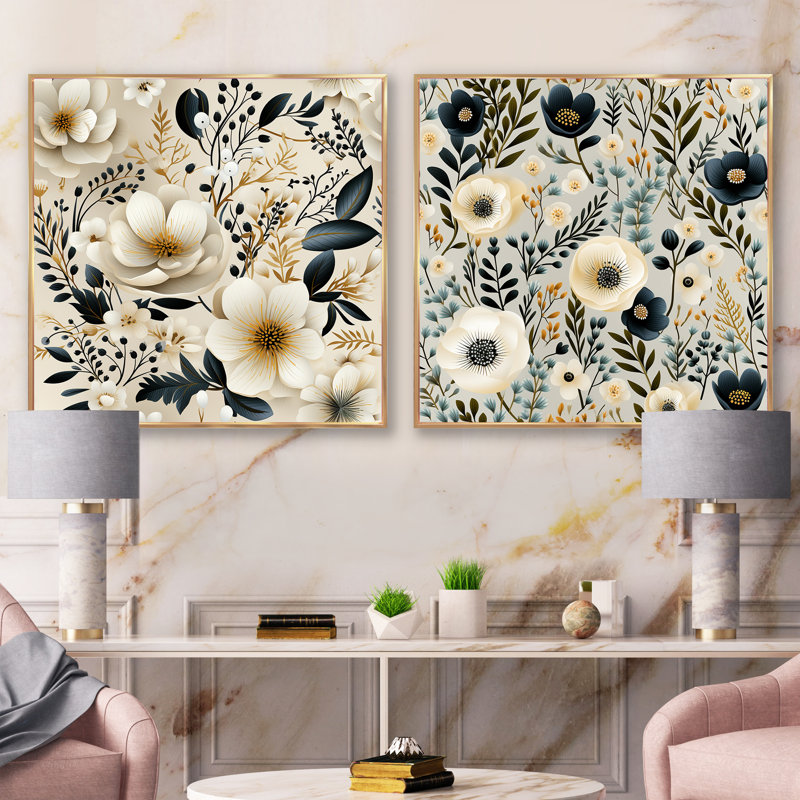 Blakely - Ensemble de 2 collages carrés floraux, H 16 po x l 33 po, Cadre flottant doré
