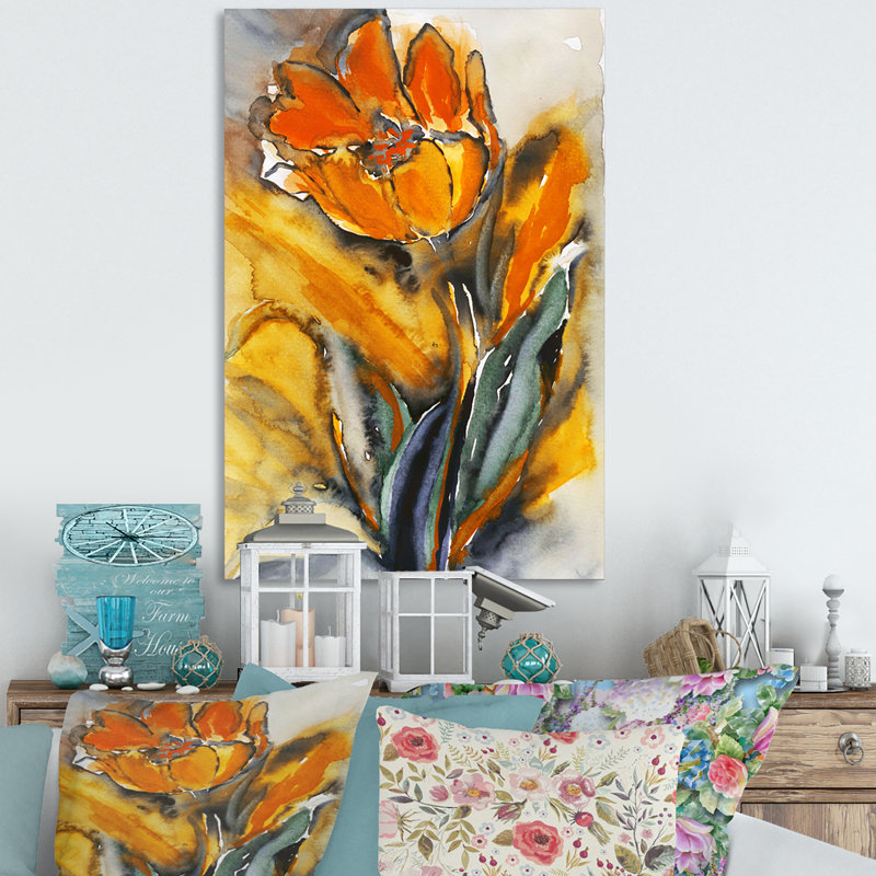 Fleur de tulipe jaune grunge - reproduction sur toile, H 20 po x l 12 po, Toile tendue
