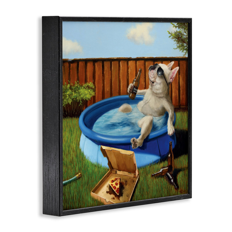 Bouledogue français buvant une piscine d'été pour animaux de compagnie par Lucia Heffernan - impression