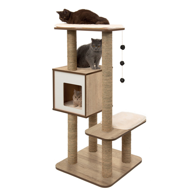 Tall Dark Brown Sisal Cat Tree with Oak Finish