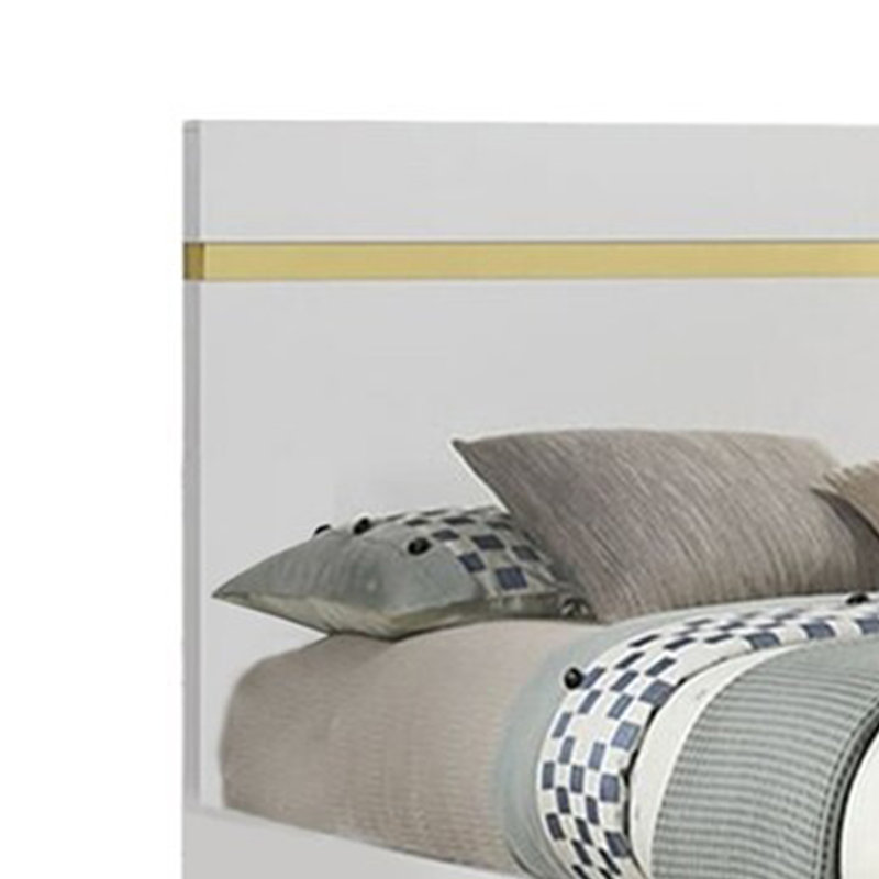 Yoki Full Size Bed W Underbed LED, Acrylic Gold Trim, White Frame, Full, White/Gold