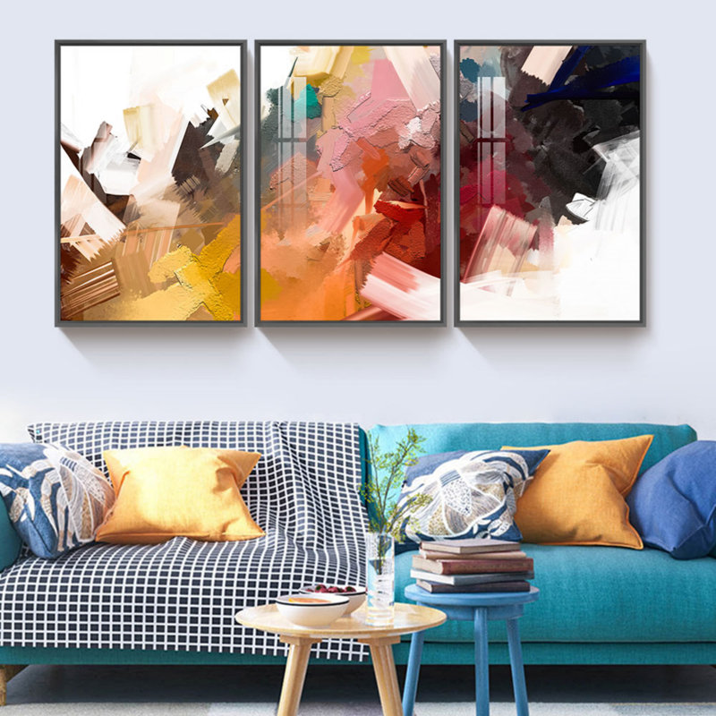 3 pièces, peinture sur toile encadrée, H 24,6 po x l 48,5 po x P 4 po, Cadre noir