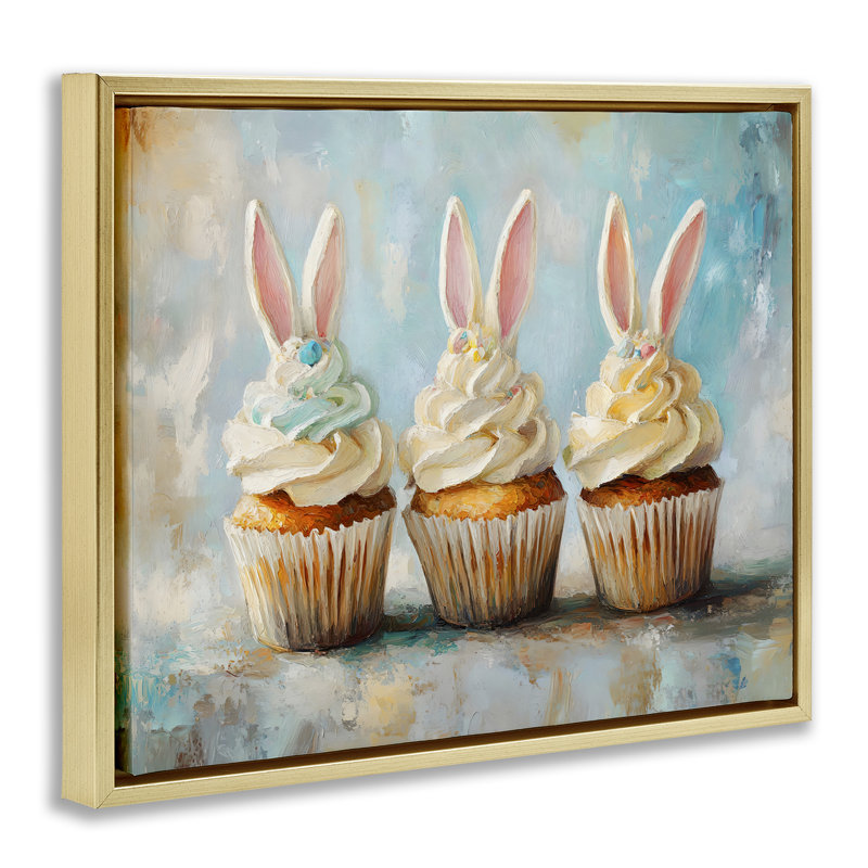 «Festive Bunny Ear Cupcakes Floater», art mural par Franklyn Gregory, H 25 po x l 31 po, Cadre flottant métallique doré