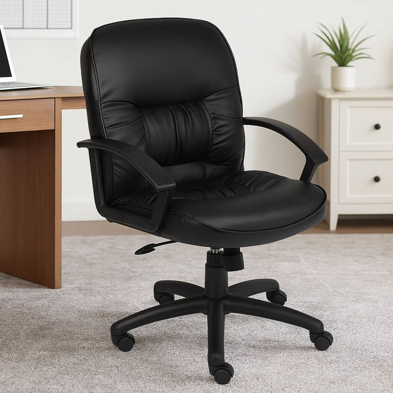 Chaise de bureau Mala à dossier moyen, similicuir noir, base roulante, verrou d'inclinaison