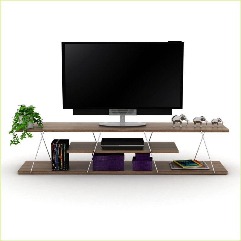TV Furniture | 56in Mid-Century Modern TV Stand w/ 4 Open Shelves & Metal Cord Management | Walnut/Chrome | Walnut | TV Size Ranges
