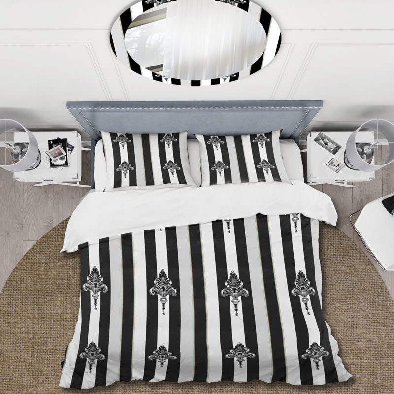 Ensemble de housse de couette noir et blanc simple à fines rayures II, Housse de couette pour grand lit et 2 taies décor