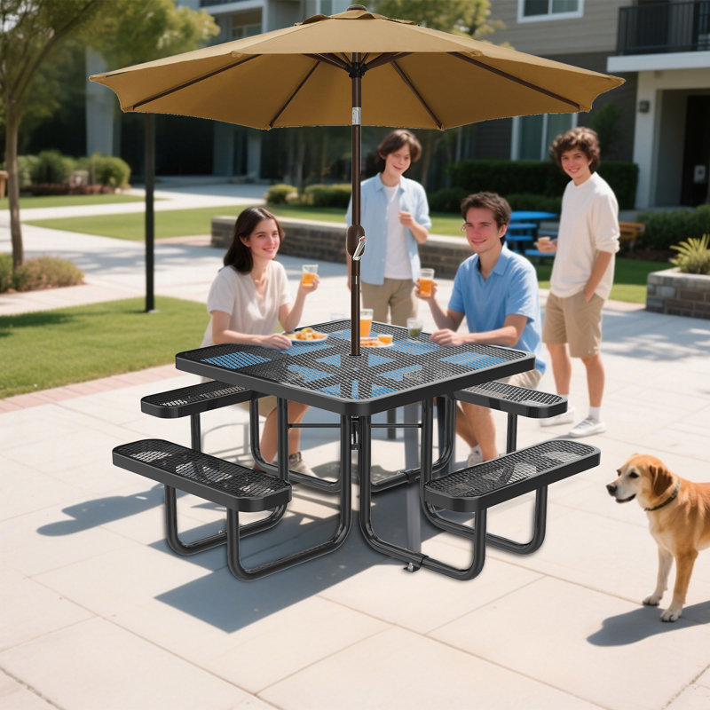 8-Person 46" Square Metal Outdoor Picnic Table, Black