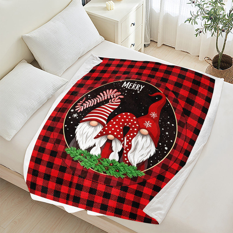 Plaid de Noël en flanelle polaire JYK, léger, respirant, doux et chaud en microfibre pelucheuse, 102 x 127 cm, motif à carreaux gnomes.
