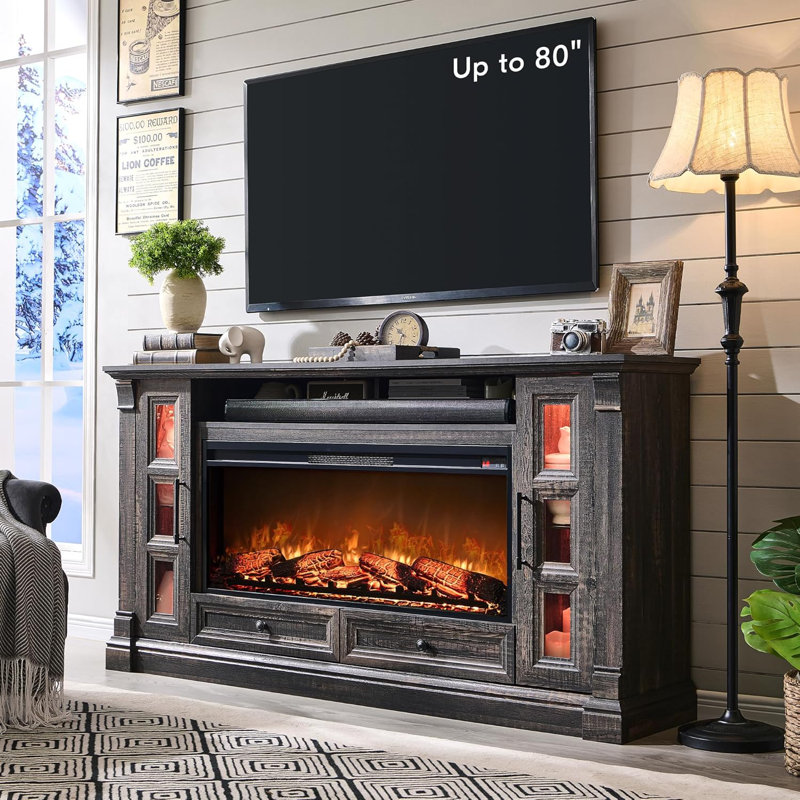 Farmhouse Tv Stand With Electric Fireplace, Dark Rustic Oak