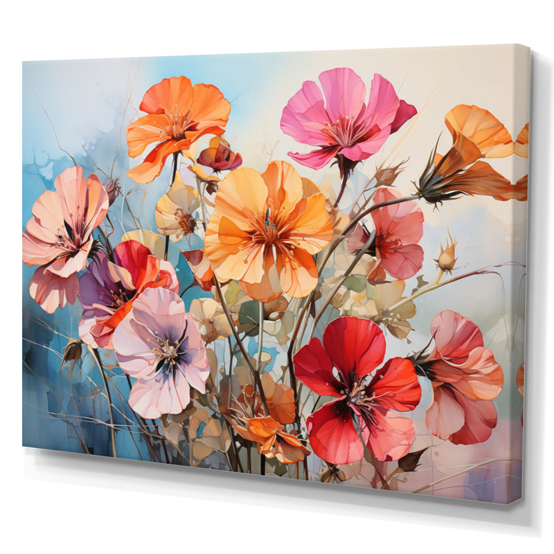 Marieka " Coral Geraniums Garden Symphony II ", Toile tendue, H 24 po x l 32 po x P 1 po