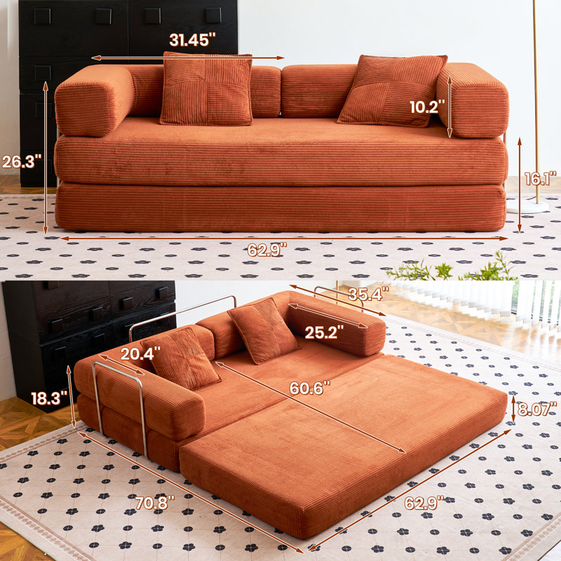 Corduroy Sofa Bed, Orange, 2