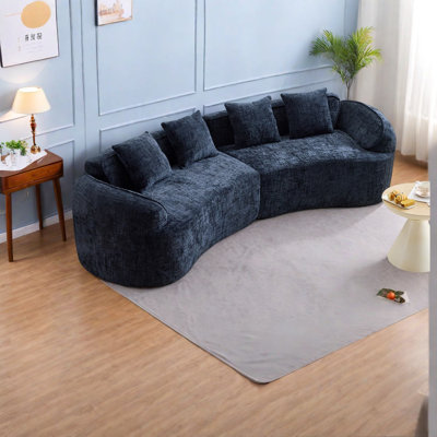 Compression Curved Dark Blue Sofas, Foam and Spring, Modern Nordic Living Room