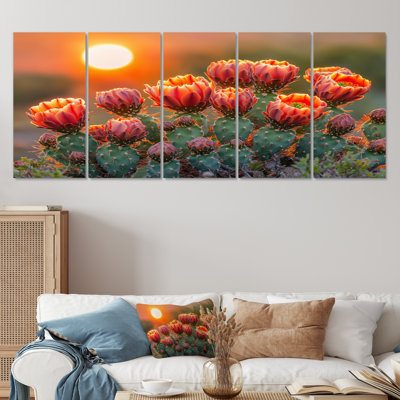 Cactus en fleurs au coucher du soleil I - Art mural floral cactus - ensemble d'art mural traditionnel