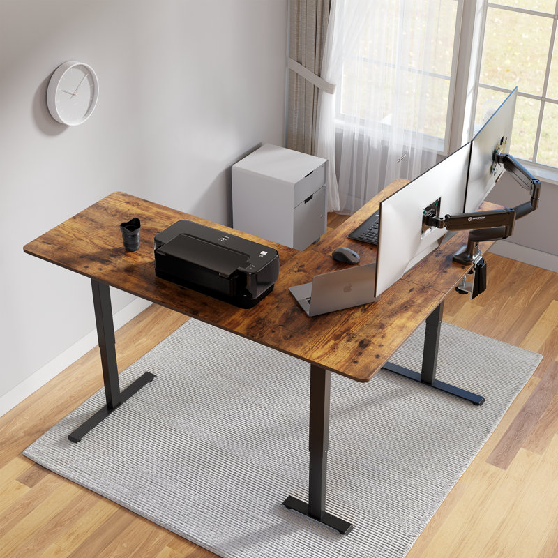 Adjustable L-Shaped Standing Desk, 28.3" H x 63" W x 55" D, Light Walnut/White