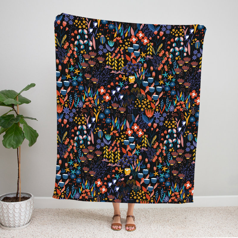Jeté , L 51 po x L 60 po, Floral, Noir / bleu / mauve / orange / jaune