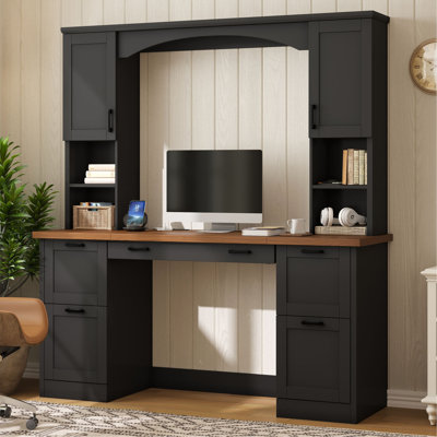 Bureau d'ordinateur On-Trend Farmhouse avec huche, poste de travail Mid-Century avec station de charge et plateau à clavier, bureau d'écriture tout-en-un avec tiroir classeur pour bureau, bureau