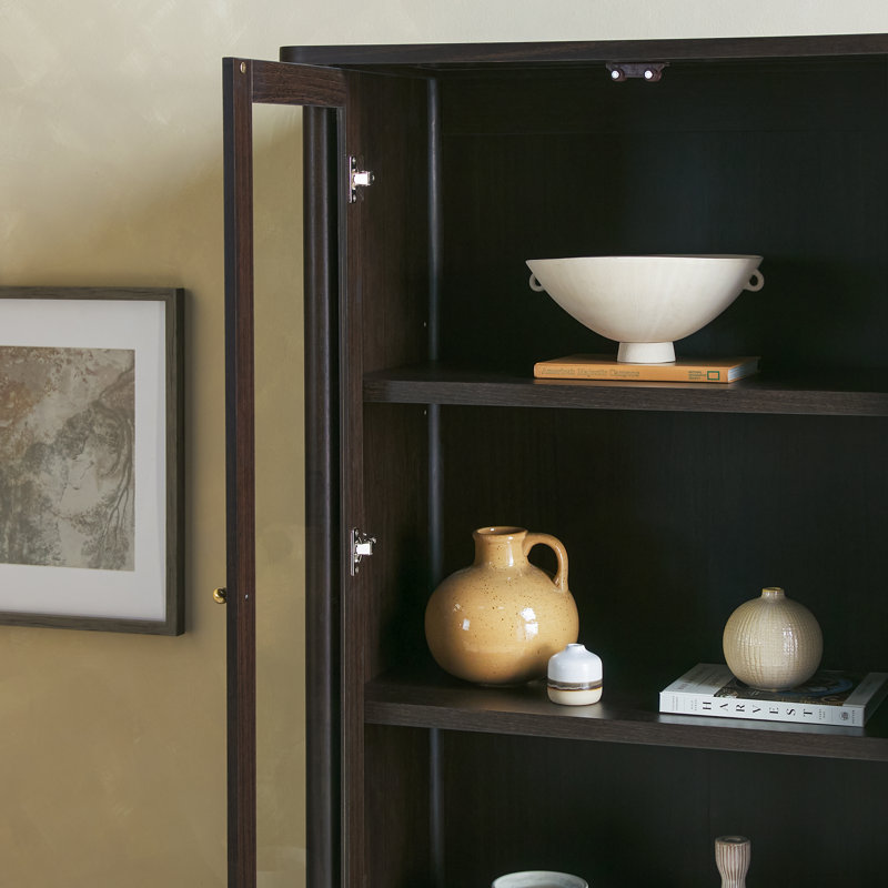 Aleric Modern Fluted Glass Bookshelf Cabinet, Dark Brown Oak