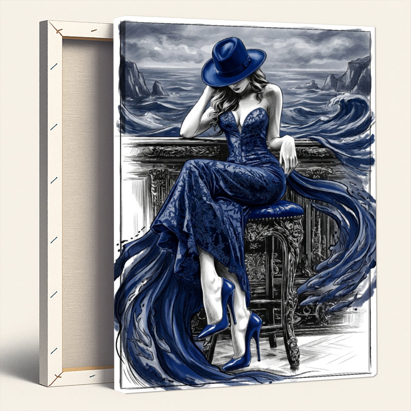 "Gallery Wrap", art mural sur toile pour le salon, la chambre à coucher, le bureau ou le vestibule - décoration murale décorative avec femme bleue