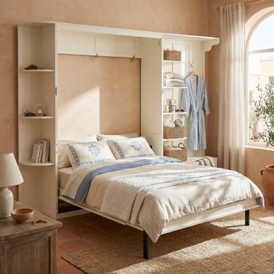 Grand lit escamotable avec lumières DEL, arbre d'entrée intégré, tablettes ouvertes et banc de rangement rabattable, lit mural moderne en bois, pour les appartements