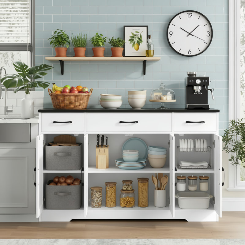 55.13-Inch Modern Farmhouse-Style Sideboard With Drawers, Shelves, And Cabinet Doors, White And Black, Suitable For Kitchen, Dining Room, And Coffee Bar.