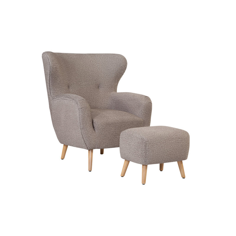 Bijou Harvard Curved Wing Back Chair with Matching Ottoman, Gloss Boucle Sand Tan