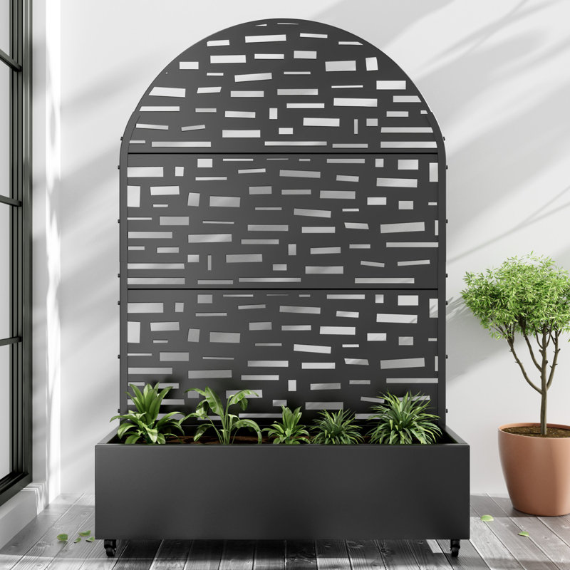 Arch Metal Planter Box with Trellis with Wheels, 72" H x 47" W x 16" D