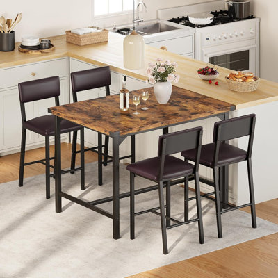 Dining Table Set for 4 – 5-Piece Counter Height Table with 4 Upholstered Bar Stools, Footrest & Corner Protector for Kitchen, Apartment by 17 Stories