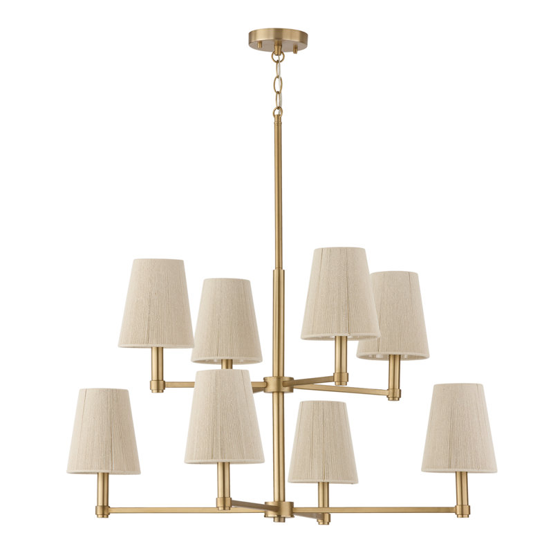 Lustre 8 lumières à deux niveaux de 36 po x H 36 po en laiton mat avec abat-jour en corde naturelle blanchie