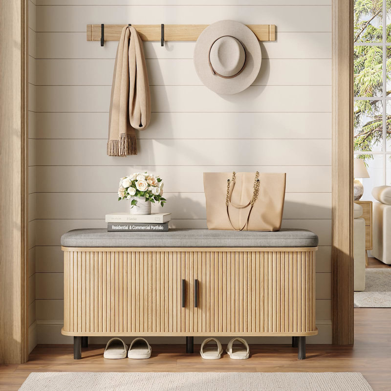Banc de rangement pour chaussures avec portes coulissantes cannelées lisses, armoire de rangement de chaussures dissimulée à 2 niveaux