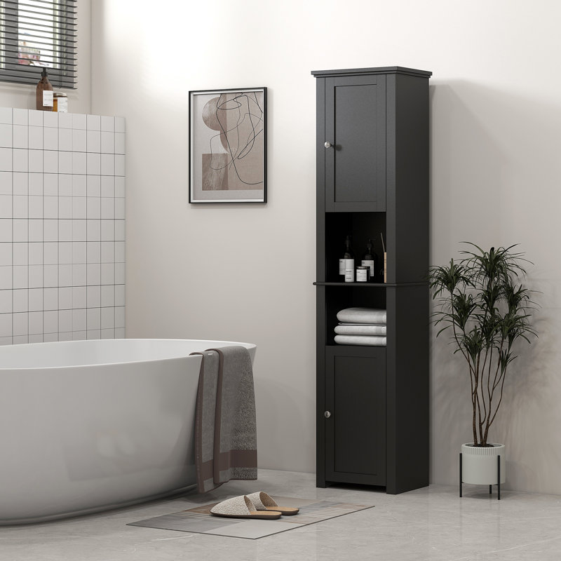 Grande armoire de rangement pour salle de bain avec tablette à 2 niveaux et 2 portes - noir