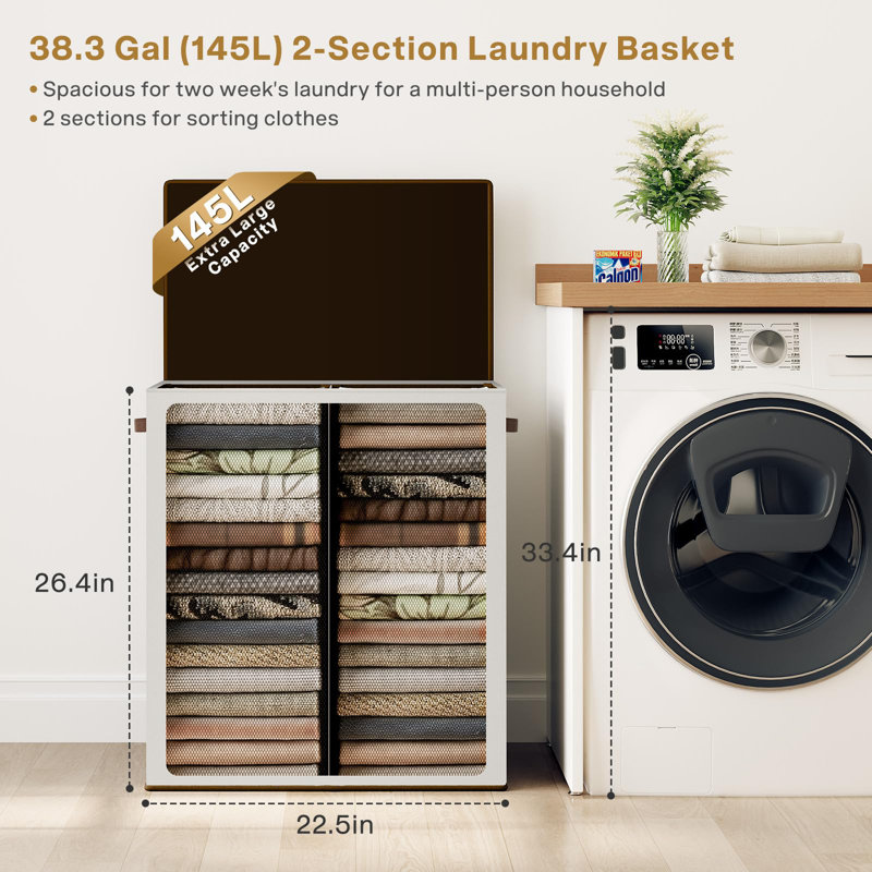 Luxury Double Laundry Hamper With Lid And Removable Bags, Large Hamper For Laundry, Laundry Basket 2 Sections, Collapsible Ditry Clothes Hamper For Bedroom, Laundry Room, Bathroom, Off-White