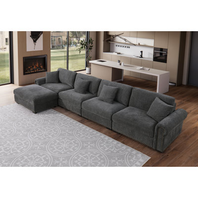 Errett Modern Fabric L-shape Sofa Sectional With Movable Ottoman by Lark Manor