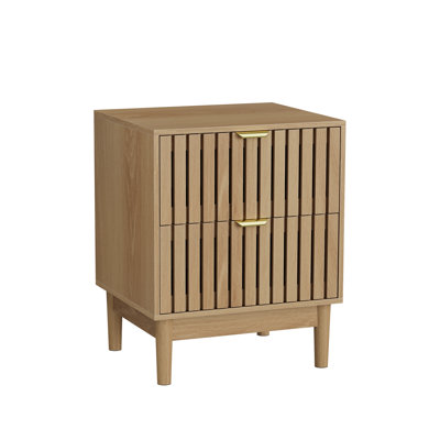 Set Of 2 Mid-Modern Style Oak Nightstand With Grille Design And Two Drawers. Suitable For Bedrooms, Hallways, And Living Rooms. Wooden Side Table, 17.72 X 15.35 X 22.34 Inches