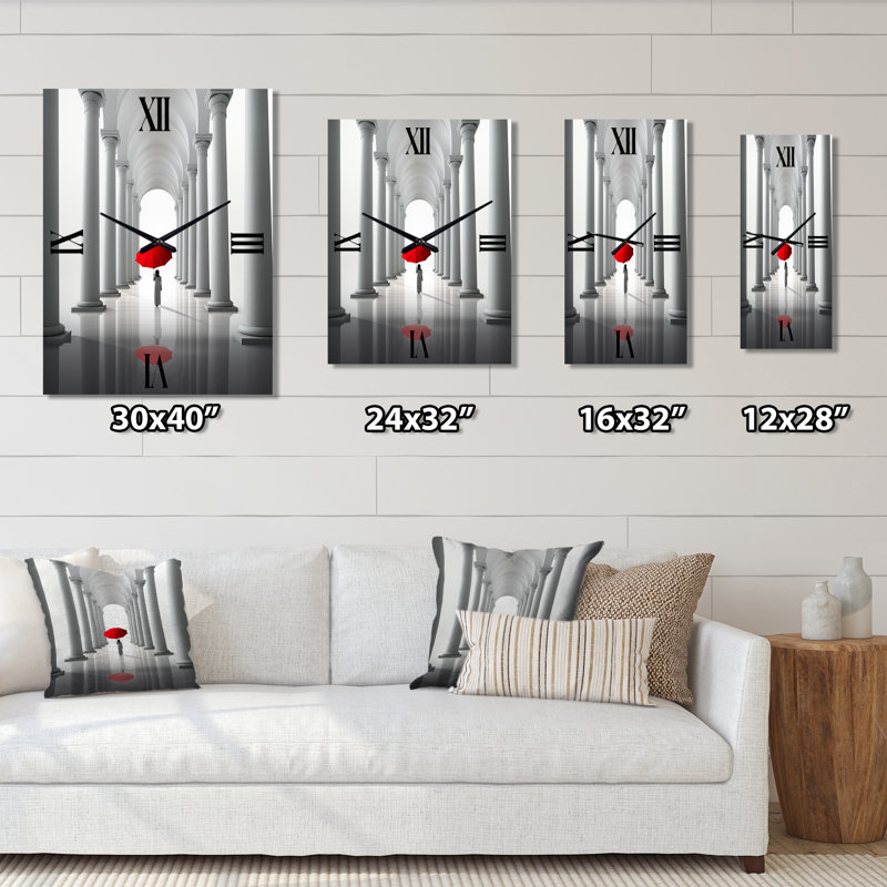 Le parapluie rouge minimaliste I - horloge murale paysage abstrait surdimensionné, H 28 po x l 12 po x P 1 po