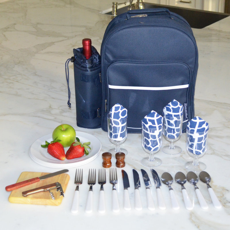 Trellis Blue Polycanvas Picnic Backpack with Wine Holder