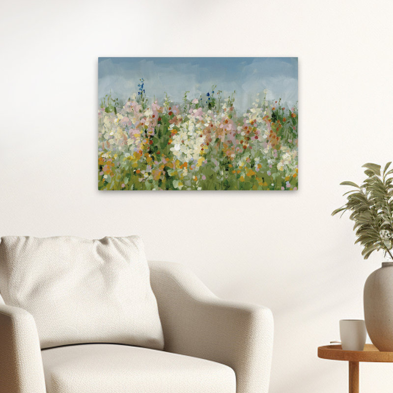 Art sur fond bleu et floral, H 16 po x l 24 po
