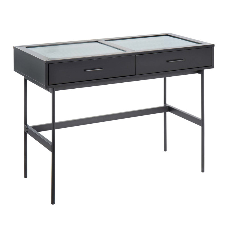 Console contemporaine avec plateau en verre trempé, structure en métal élégant et deux tiroirs pour le rangement, pour les intérieurs modernes