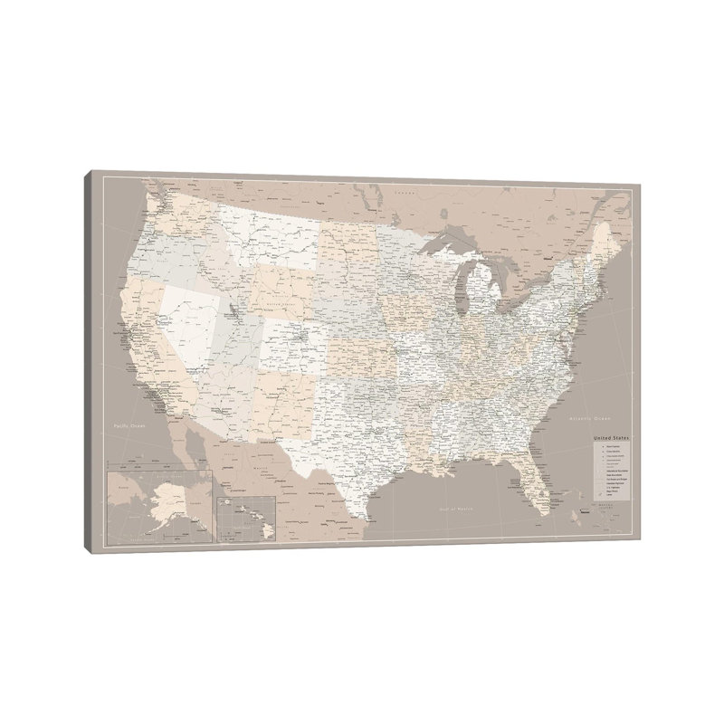 Highly Detailed Map Of The Us With Roads In Brown by Blursbyai - Gallery-Wrapped Canvas Giclée on Canvas, Wrapped Canvas