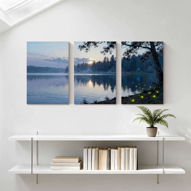 Hiver, forêt, coucher de soleil, lac, reflet, arbres, lucioles, ciel nocturne, ensemble de 3 impressions sur toile