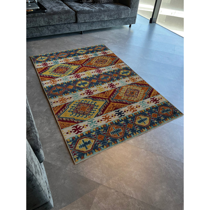 Tapis décoratif bleu / orange à motifs mixtes, Tapis de couloir 3 pi 9,81 po x 9 pi 10,11 po