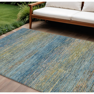 Tapis extérieur lavable rayé bleu 10 pi x 14 pi Denim